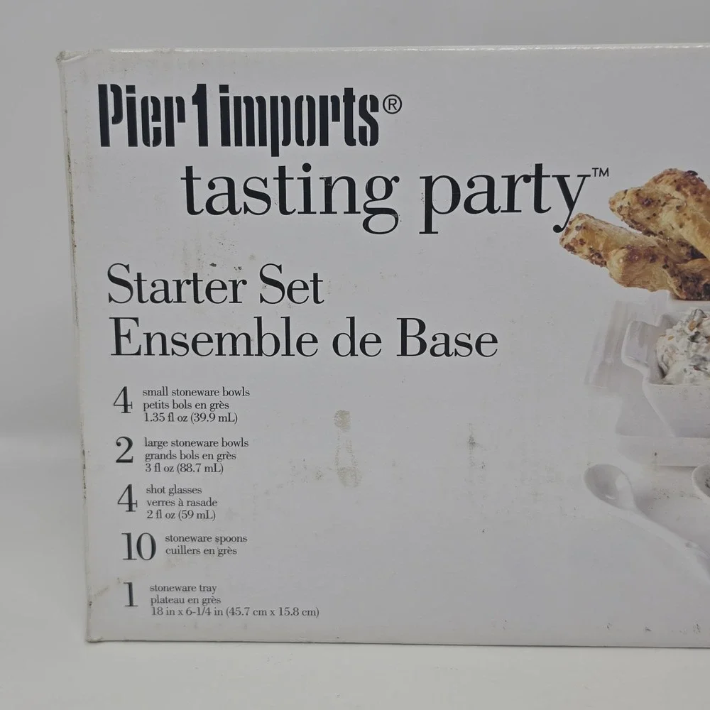 Pier 1 Imports Tasting Party Starter Set, White Stoneware Tray, Bowls, Spoons k